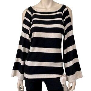 Boston Proper Black Tan Striped Soft Sweater Cold Shoulder Size XS Knit Top Fall
